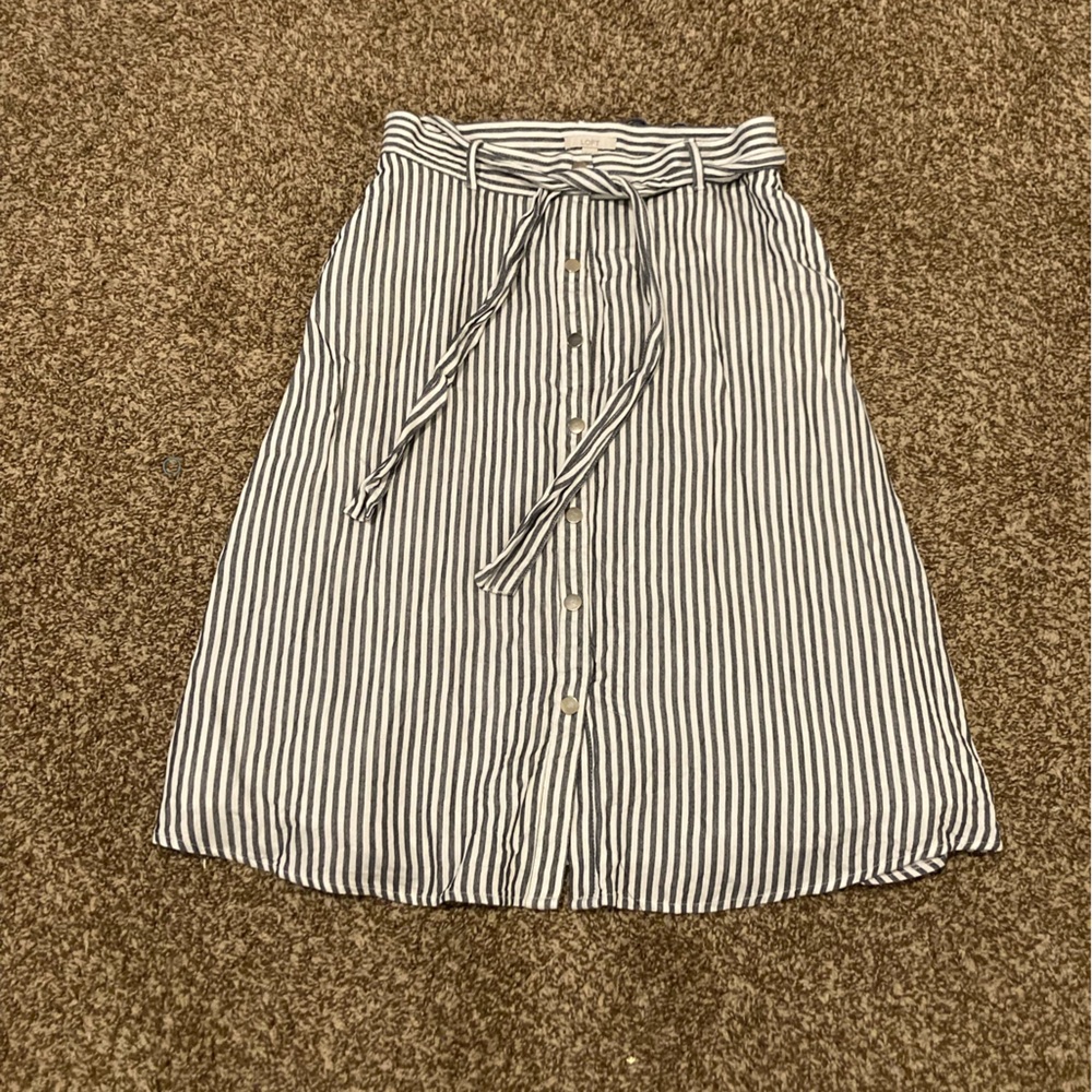 LOFT blue and White Striped Midi Skirt